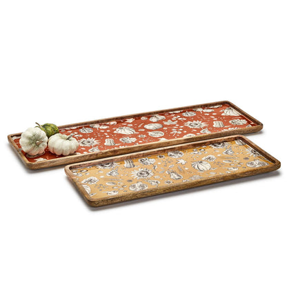 Two's Autumn Soiree Hand-Crafted Set of 2 Long Rectangular Serving Tray/Platter