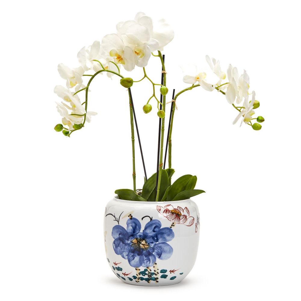 Two's Company Japanese Flower Blossoms Planter- Hand-Painted Porcelain