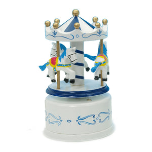 Musicbox Kingdom 5.1" Blue & White Wooden Carousel Turns To A Famous Melody