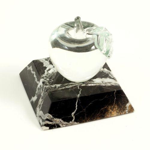 Bey Berk Glass Apple Paperweight On Black "Zebra" Marble by Bey Berk
