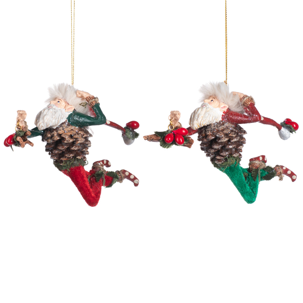 Mushroom Pinecone Santa Elf Ornament Red/Green 14Cm, Set Of 2, Assortment