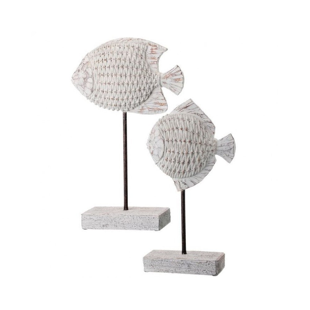 Resin Wicker Fish on Pedestal Figurine 13-15", White, Set of 2, Assortment