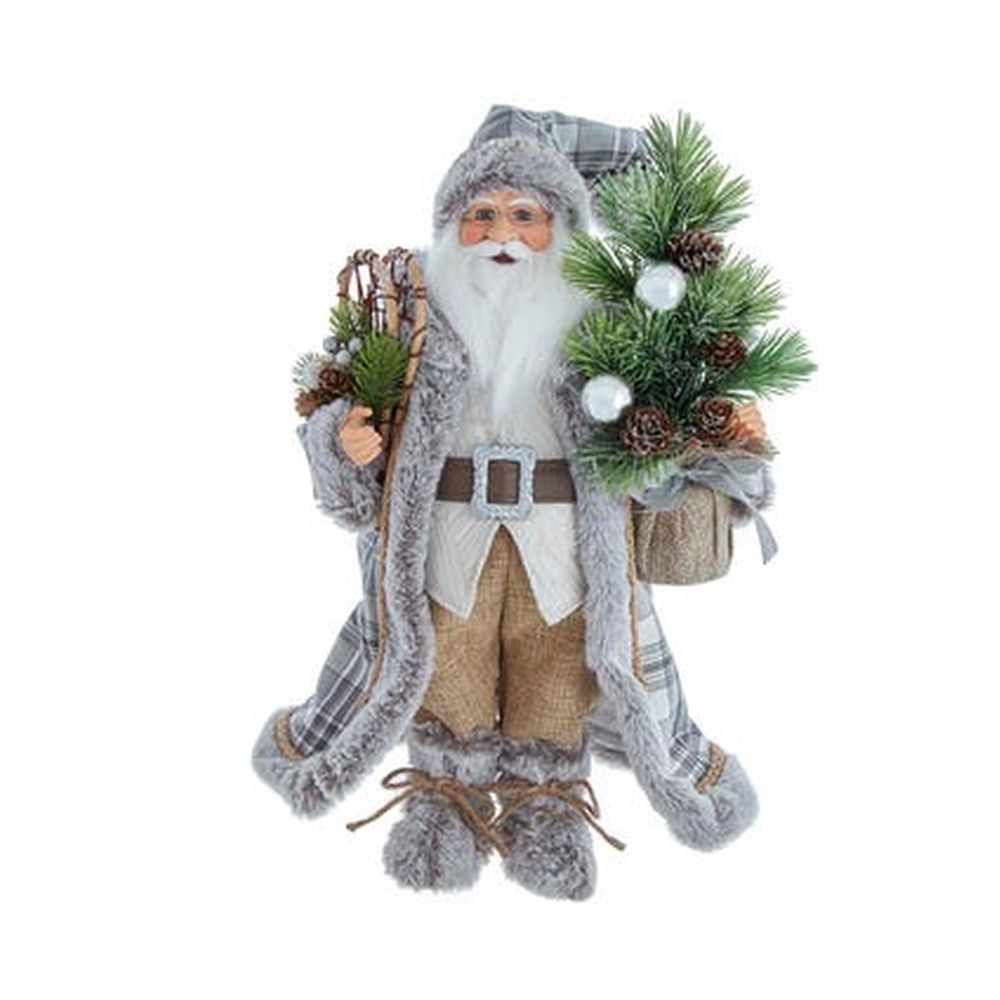 Kurt Adler 17" Natural Plaid Santa w/ Pinecone Spray & Potted Tree Figure, White