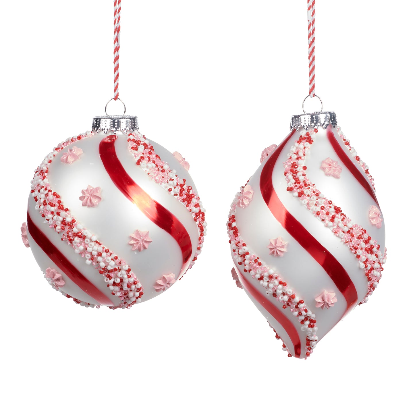 Glass Sprinkle Candy Ball/Finial Ornament White/Red 10Cm, Set Of 2, Assortment