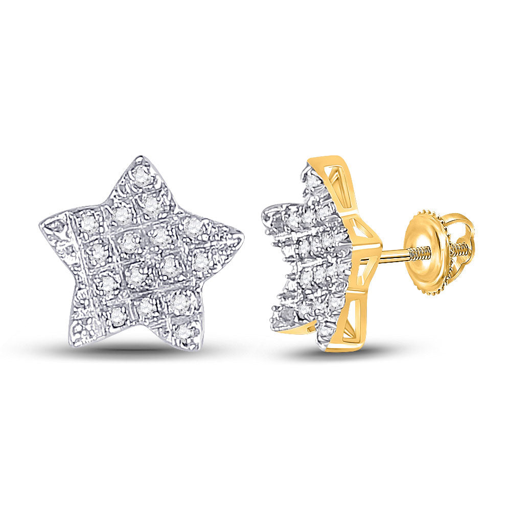GND 10Kt Yellow Gold Mens Round Diamond Star Earrings 1/10 Cttw