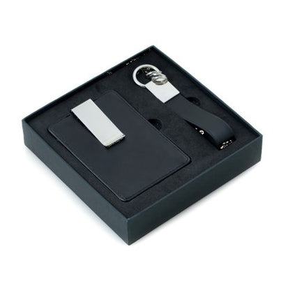 Black Leather Travel Wallet With Valet Key Ring Gift Set
