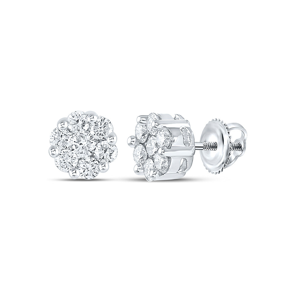 GND 14kt White Gold Womens Round Diamond Flower Cluster Earrings 1 Cttw