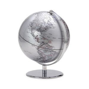 Torre & Tagus Latitude World Globe - Silver, Metal, 12" x 9.5" x 9.5"