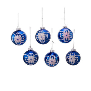 Kurt Adler 80MM White and Silver Flowers, Blue Glass Ball Ornaments, 6-Piece Set
