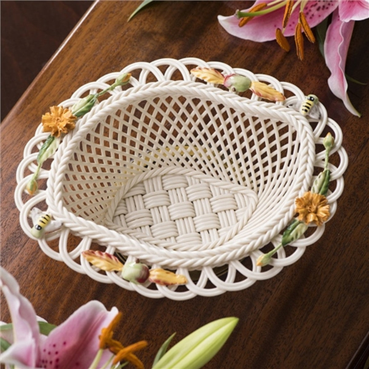 Belleek Autumn Flower Basket, Cream, China, 2" x 5.5" x 7"