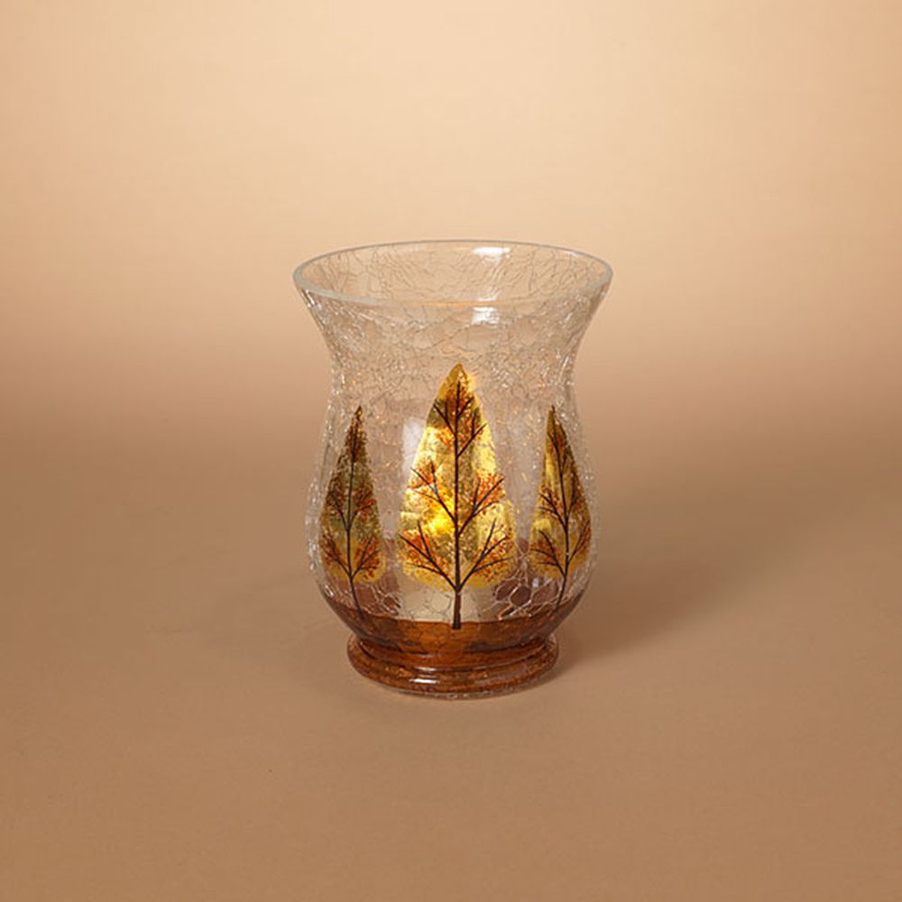 Gerson Company 7.9" Autumn Tree Design Crackle Glass Hurricane Candle Holder