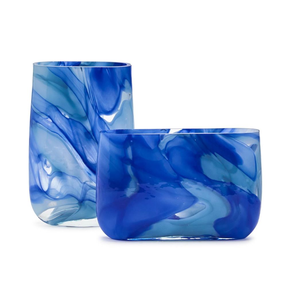 Two's Company Set of 2 Swirled Blue Hand Blown Glass Vase- Hand Blown Glass