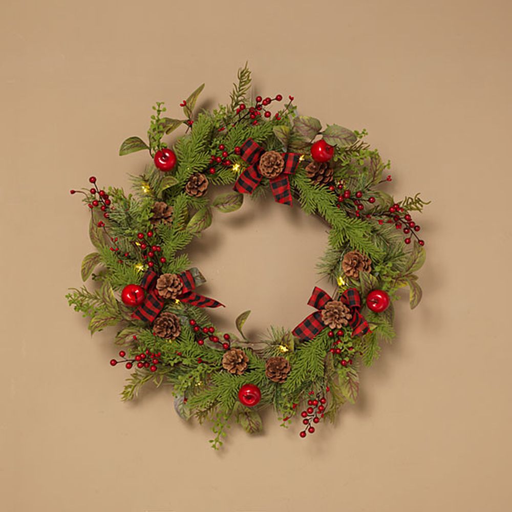 Gerson Company 24" B/O Lighted Holiday Pine & Berry Wreath W/ Plaid Bows