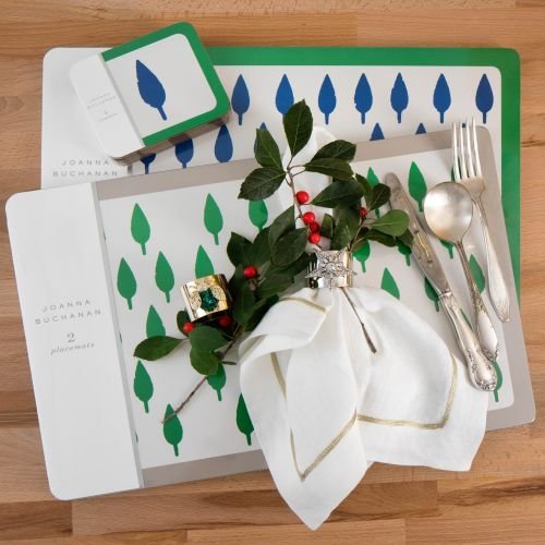 Tree Print Placemat Blue with Green, Set of 2