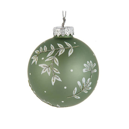 Kurt Adler 80MM Glass Green Leaf Design Ball Ornaments, 6-Piece Box