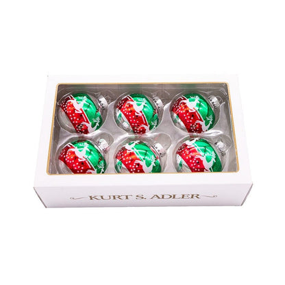 Kurt Adler 80MM Red and Green Reindeer Glass Ball Ornaments, 6-Piece Box