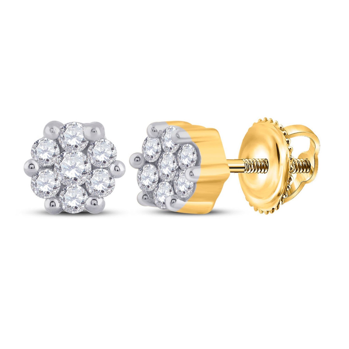 GND 10kt Yellow Gold Womens Round Diamond Flower Cluster Earrings 1/6 Cttw