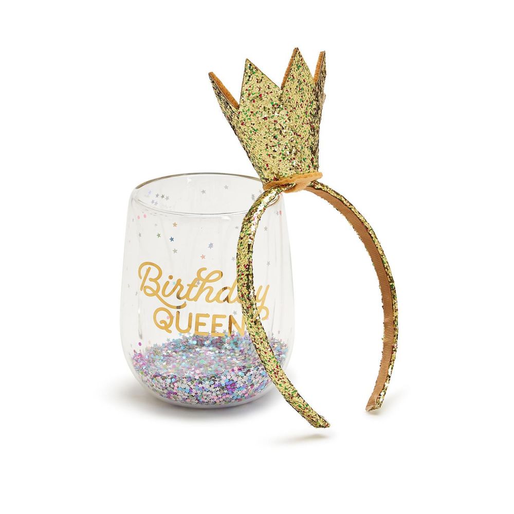 Two's Company Birthday Queen Stemless Wine Glass And Glitter Crown Headband