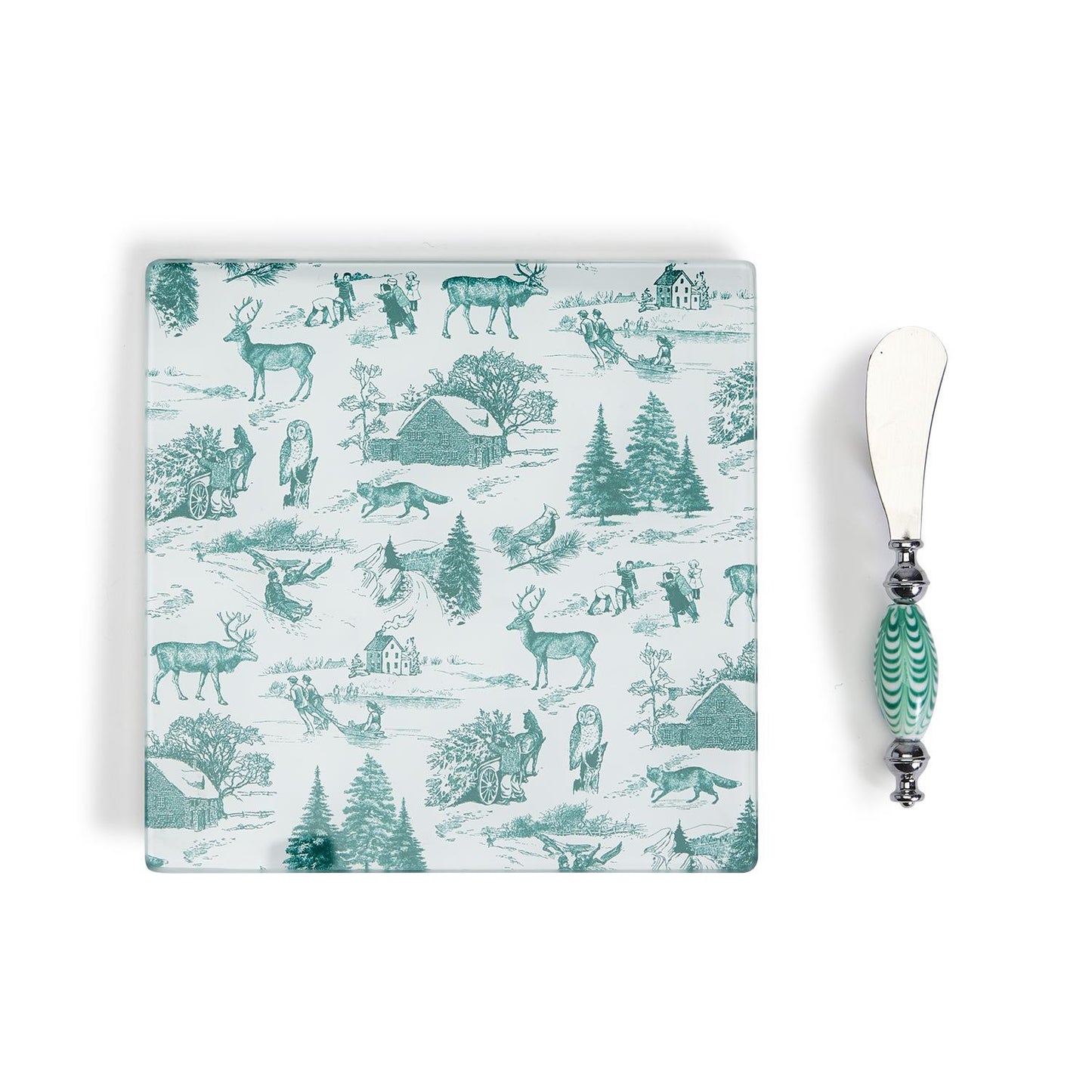 Two's Company Green Toile 2-Piece Cheese Serving Set In Giftbox