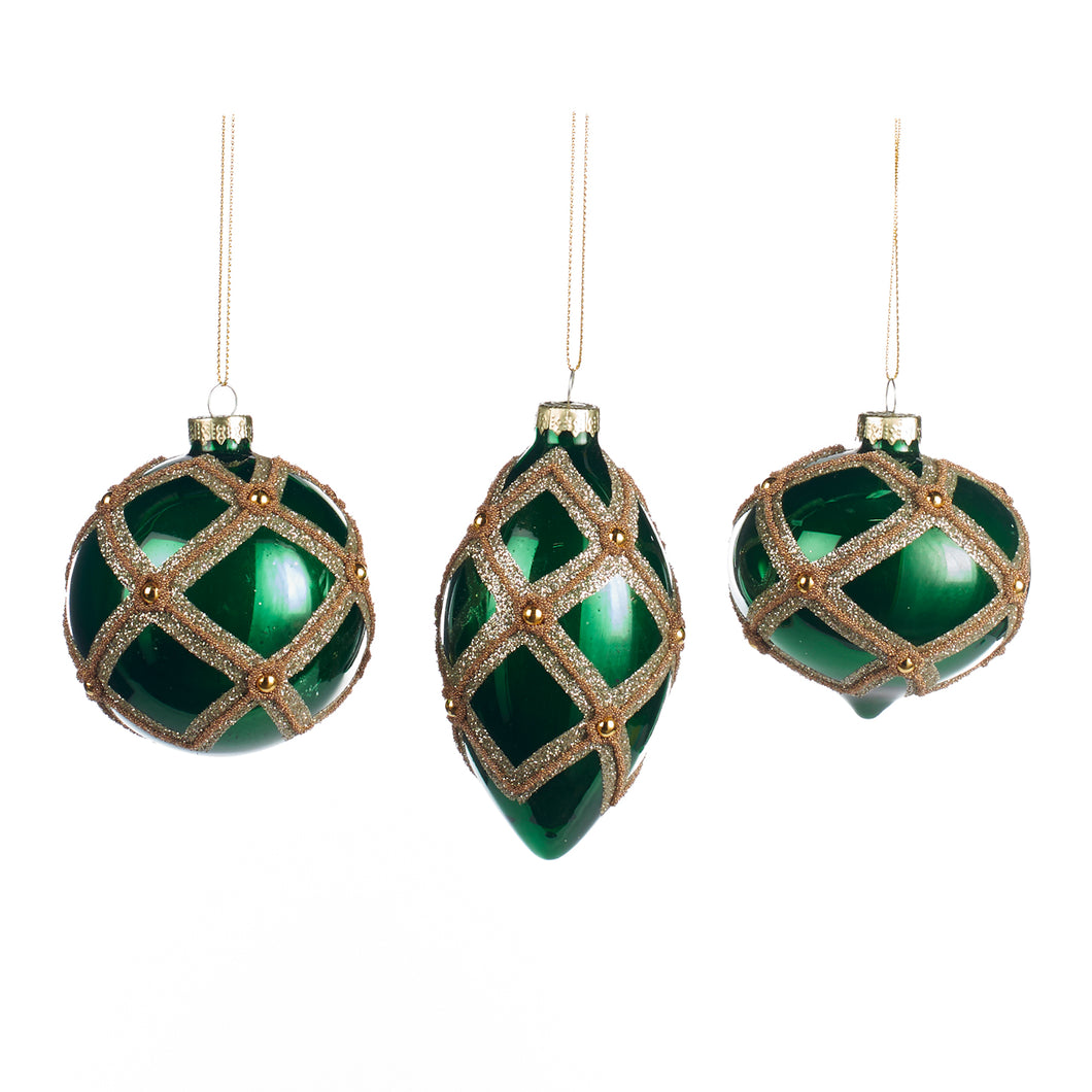 Goodwill Glass Glittered Net Ball/Finial Ornament Green/Gold, Set/3, Assortment