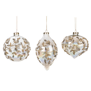 Glass Beaded Twig Ball/Finial Ornament Clear/Gold 10Cm, Set Of 3, Assortment