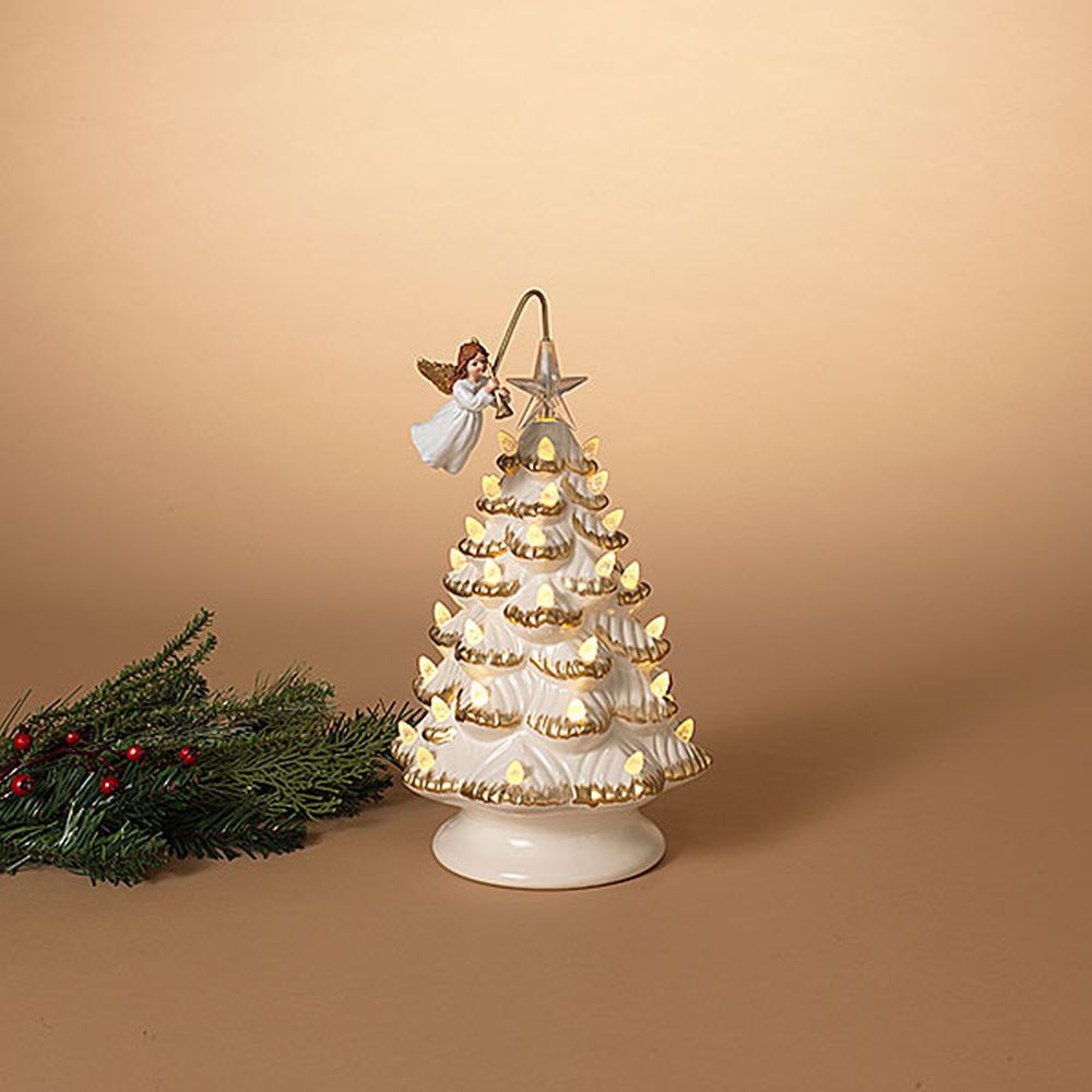 Gerson 12" Lighted Ceramic Holiday Christmas Tree with Rotating Angel & Adapter