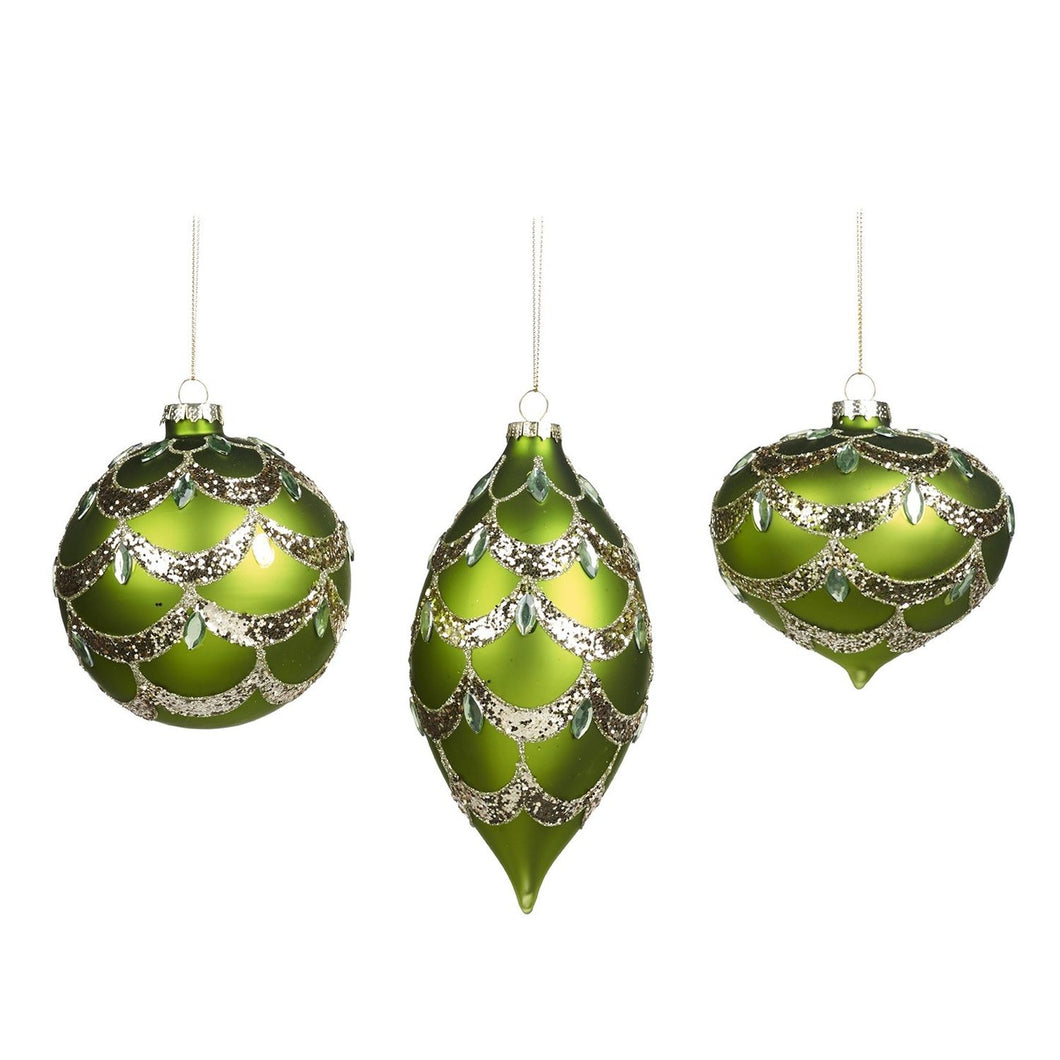 Glass Matte Jewel Swag Ball/Finial Ornament Green 10Cm, Set Of 3, Assortment