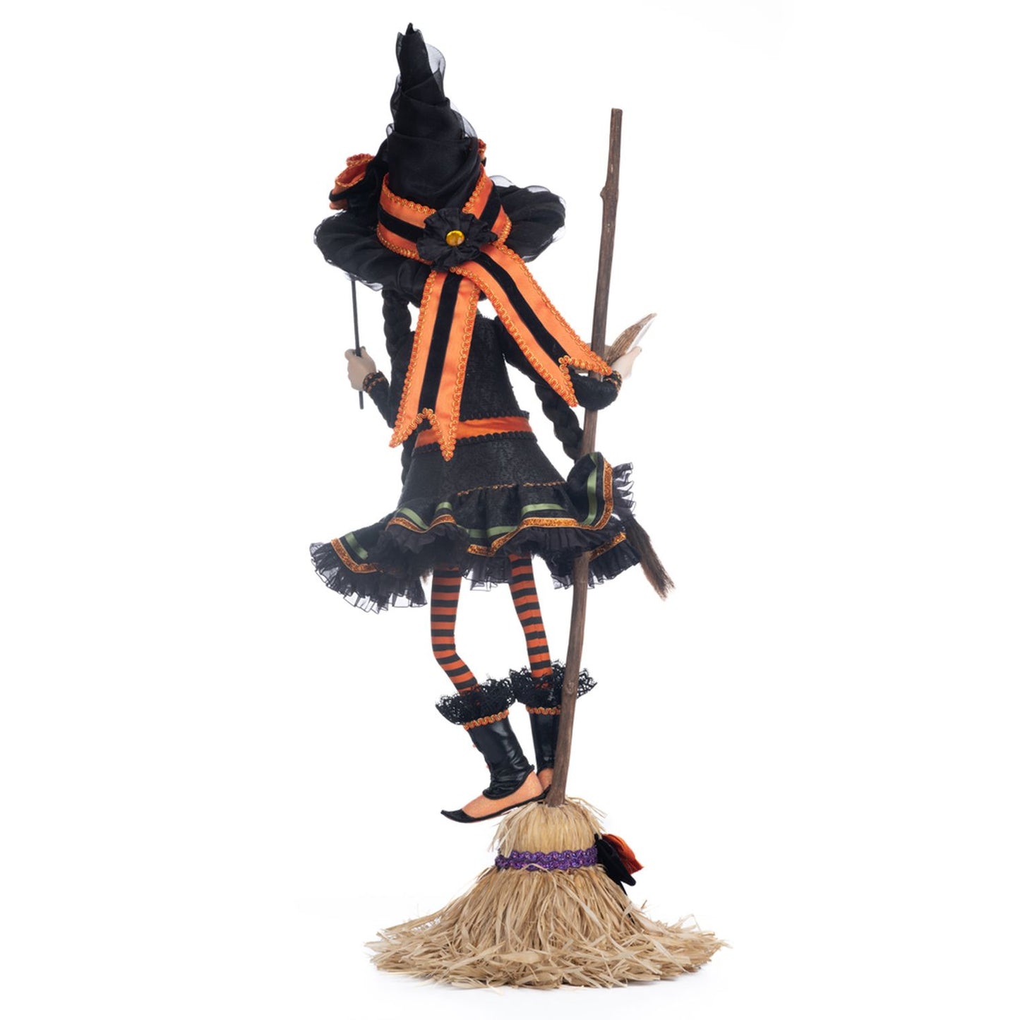 Katherine's Collection 29 Inch Hilary Blackroot On Broom, Orange/Black Witch Resin