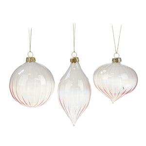 Glass Gradient Stripe Ball/Finial Ornament White/Pink 8Cm, Set Of 3, Assortment