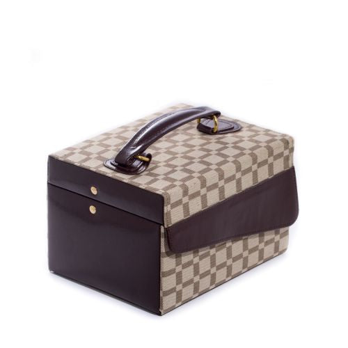 Two-Tone Brown Leather & Cloth Material 3 Level Jewelry Case