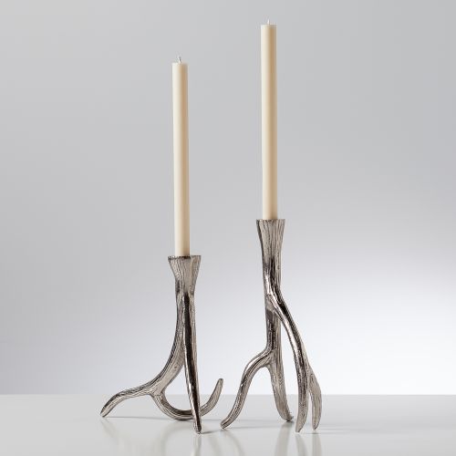 Torre & Tagus Antler Aluminum Taper Candle Holders, Set Of 2, Silver, 11.5".