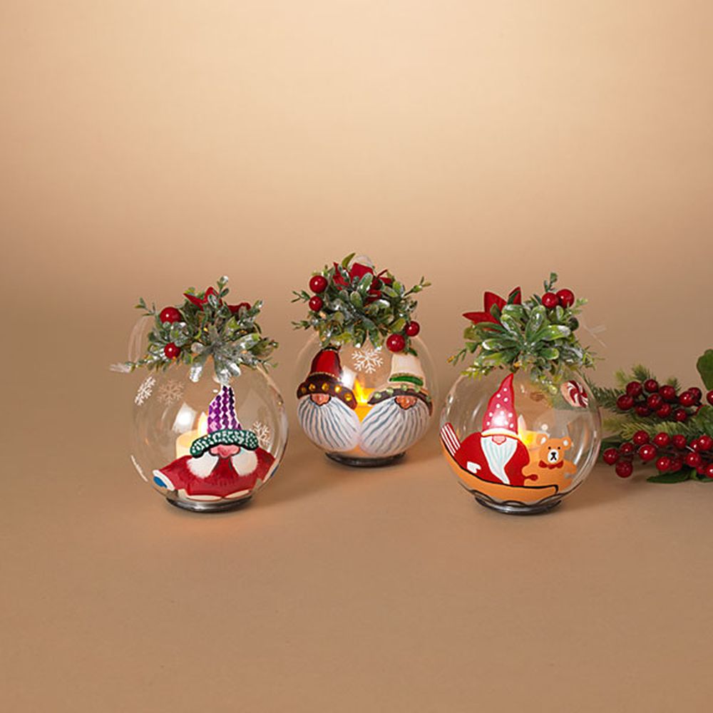 Gerson Company Set of 3 6.5" B/O Lighted Gnome Glass Ornaments W/ Floral Accent