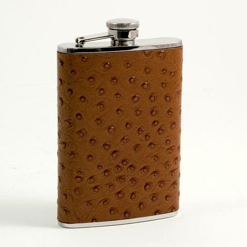 8 Oz. Stainless Steel Brown "Ostrich" Leather Flask by Bey Berk