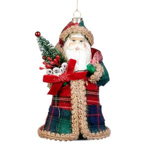 Goodwill Glass/Fabric Tartan Santa With Sisal Tree Ornament Green/Red 20Cm