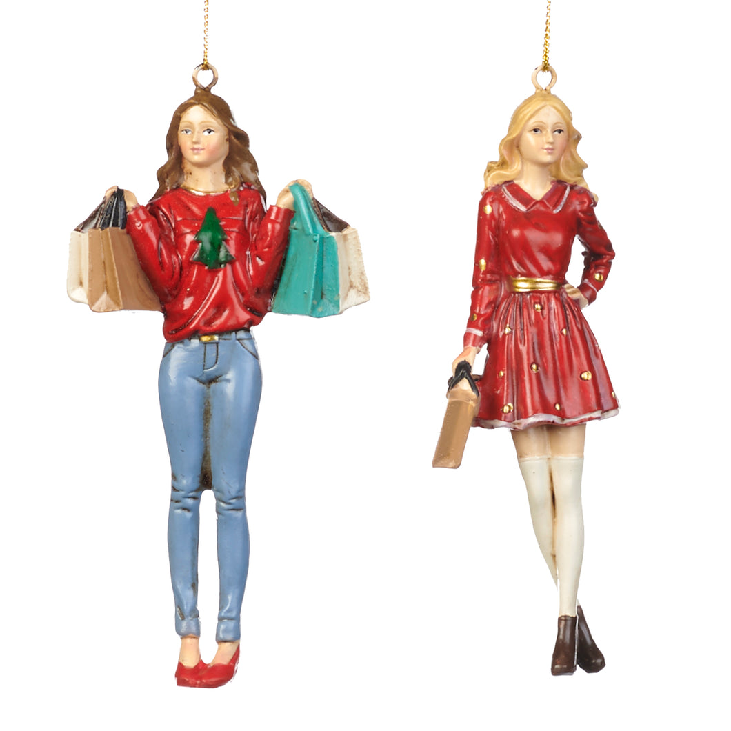 Christmas Girl With Shopping Bags Ornament Red 11.5Cm, Set Of 2, Assortment