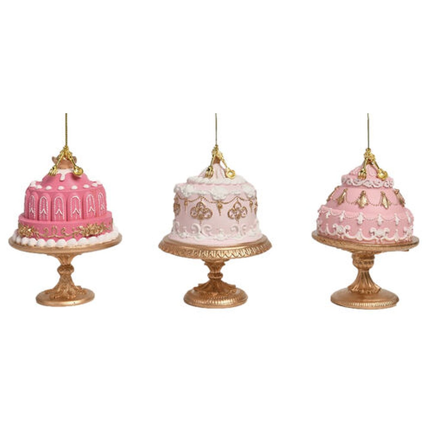 December Diamonds 3 Assorted Pink Cakes On Gold Base Ornaments, Multicolor