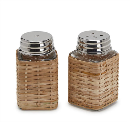 Two's Company Rattan Set of 2 Salt And Pepper Shakers - Rattan/Glass/Aluminum