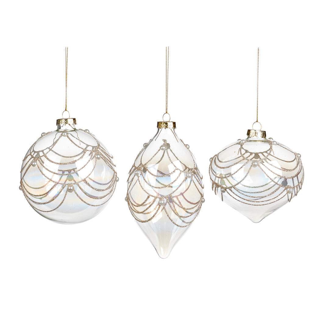 Glass Pearl Swag Ball/Finial Ornament Clear/Gold 10Cm, Set Of 3, Assortment