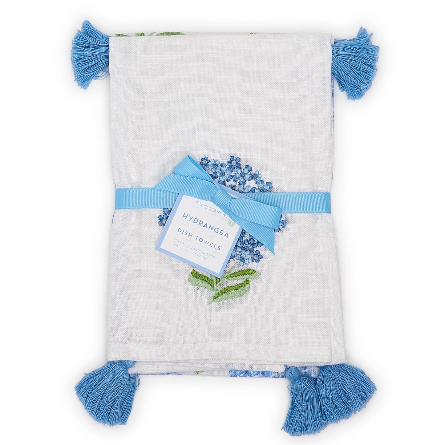 Two's Company Hydrangea Set Of 2 Dish Towels With Decorative Tassels - Cotton.