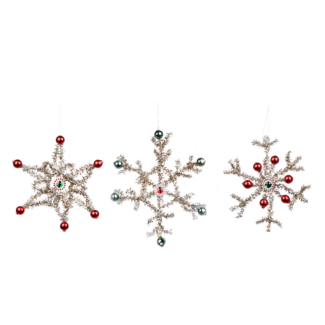 Goodwill Tinsel Star/Snowflake Ornament Silver/Red 17Cm, Set Of 3, Assortment