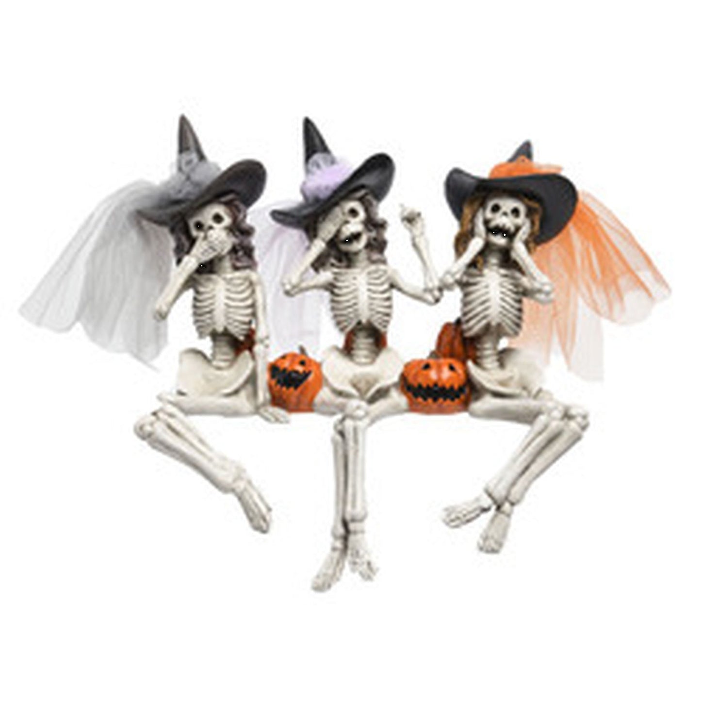 Candy Corn Halloween Set Of 3 Skeleton Witches Sitting Figurines, Brown