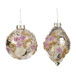 Glass 3D Flower Ball/Finial Ornament Cream/Purple 11.5Cm, Set Of 2, Assortment
