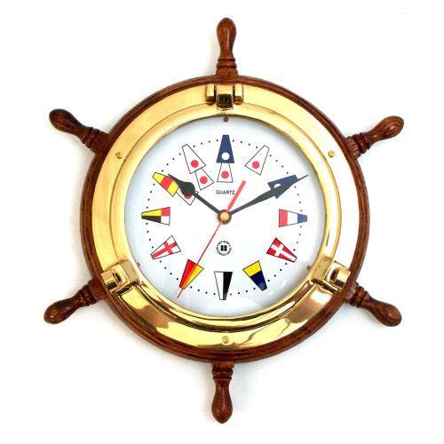 Bey Berk Lacquered Brass Porthole Clock On Oak Ship's Wheel by Bey Berk