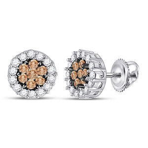 GND 14kt White Gold Womens Round Brown Diamond Flower Cluster Earrings 3/4 Cttw