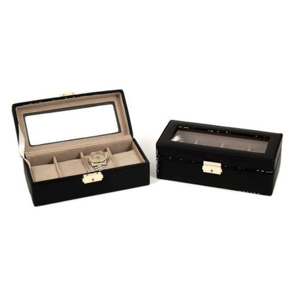 Black Leather Four Watch Case With Glass Top & Locking Clasp