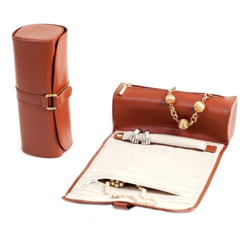 Tan Leather Jewelry Roll With Zippered Compartments & Straps