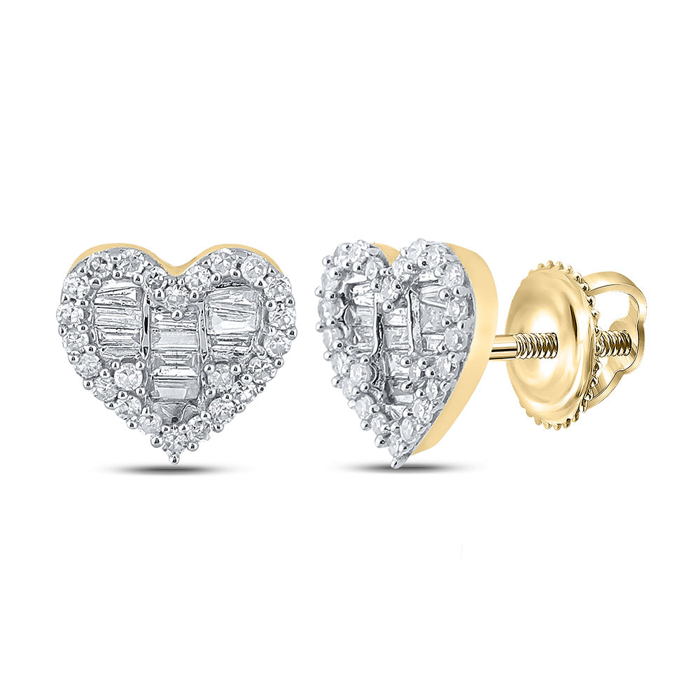 GND 10kt Yellow Gold Womens Baguette Diamond Heart Earrings 3/8 Cttw