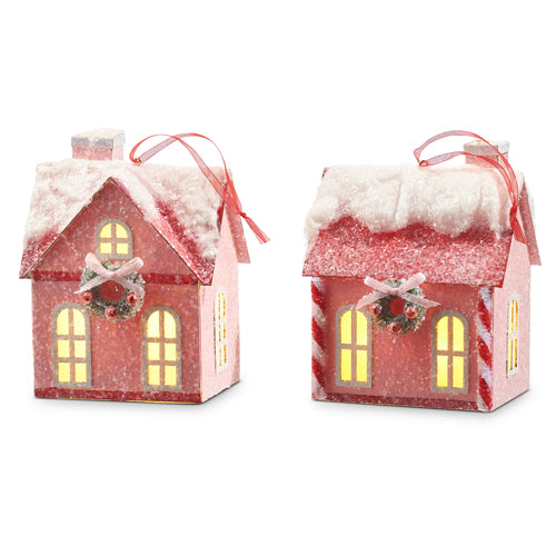 Raz Imports 2023 Jingle & Cocoa 5" Lighted Pink House Ornament, Asst of 2