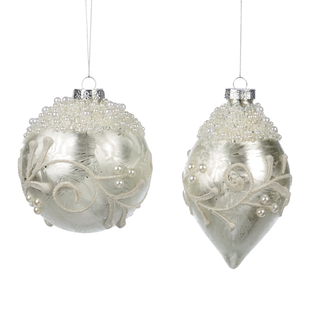 Glass 3D Pearl Swirl Ball/Finial Ornament Cream/White 11.5Cm, Set/2, Assortment