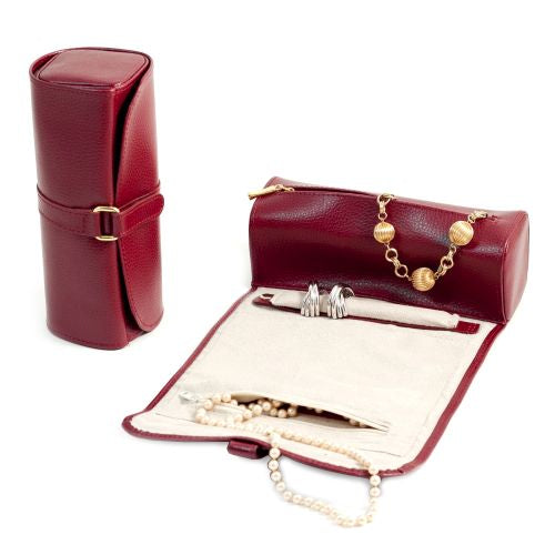 Red Leather Jewelry Roll With Zippered Compartments & Straps